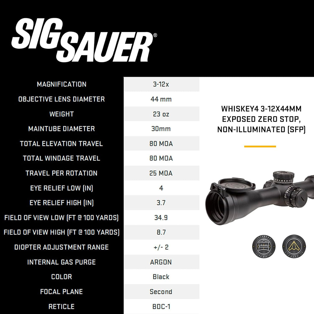 Sig Sauer WHISKEY4 3-12X44MM LOW PROFILE, NON-ILLUMINATED (SFP) Riflescope