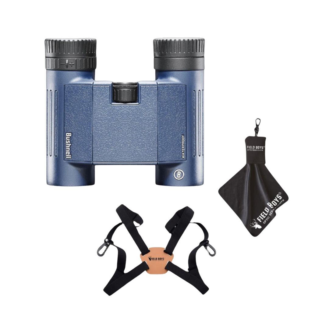 Bushnell Gift Package Includes H2O 8x25mm Binoculars, Binocular Harness Optics Cloth by Field Boys