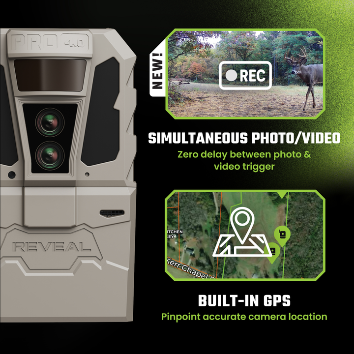 Buy 4 &amp; Save! Tactacam Reveal Pro 4.0 Power Bundles with R5 Solar Panels, FlexPack R10 Batteries, Lockable Steel Reinforced Straps, and Cleaning Cloth