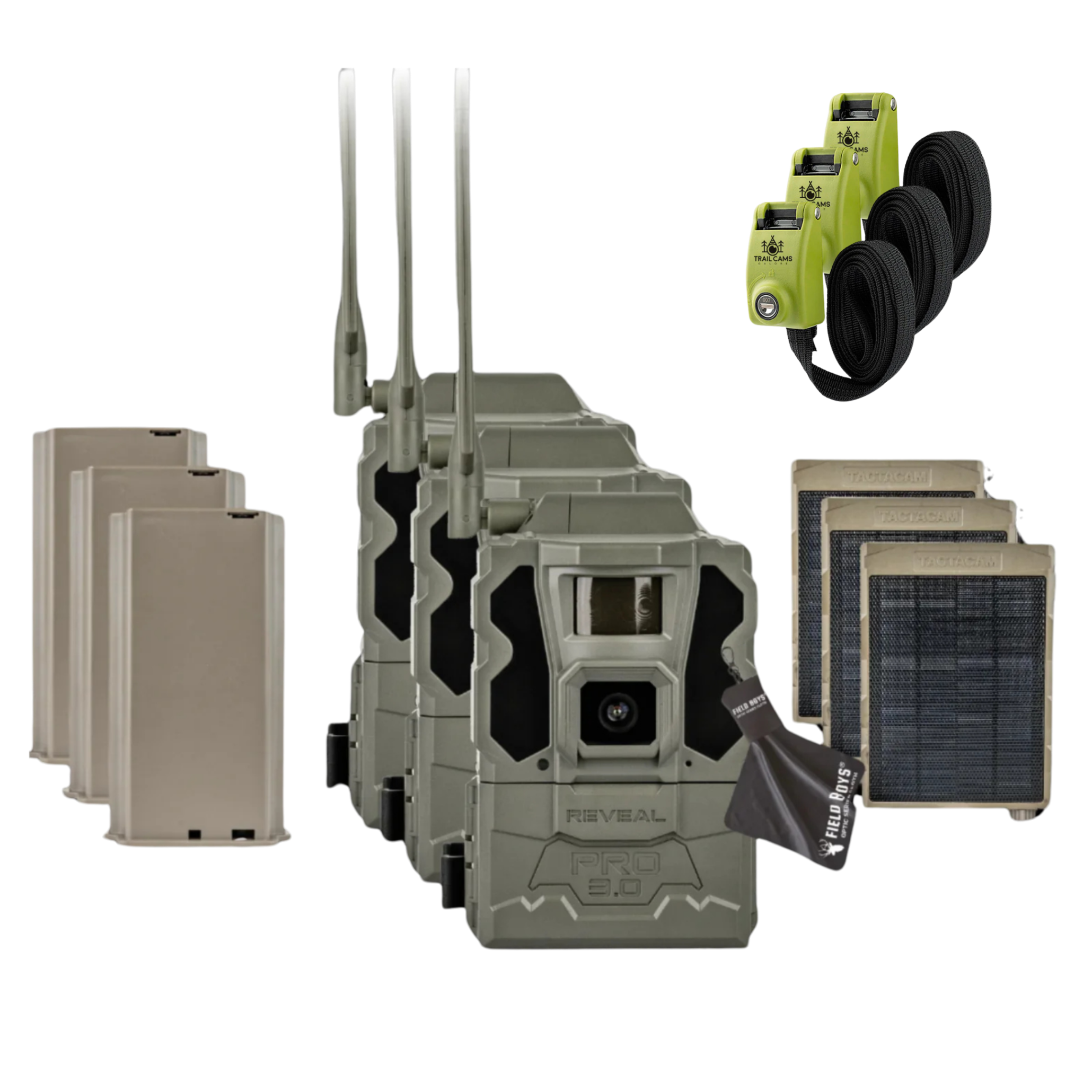 Buy 3 & Save! Tactacam Reveal Pro 3.0 with Lithium Batteries, Solar Panels, Lockable Steel Reinforced Straps and Cleaning Cloth