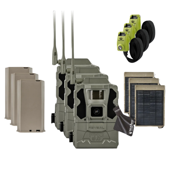 Buy 3 &amp; Save! Tactacam Reveal Pro 3.0 with Lithium Batteries, Solar Panels, Lockable Steel Reinforced Straps and Cleaning Cloth