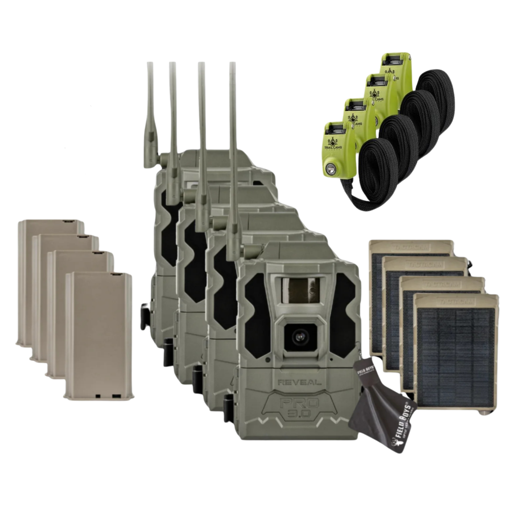 Buy 4 & Save! Tactacam Reveal Pro 3.0 with Lithium Batteries, Solar Panels, Lockable Steel Reinforced Straps and Cleaning Cloth