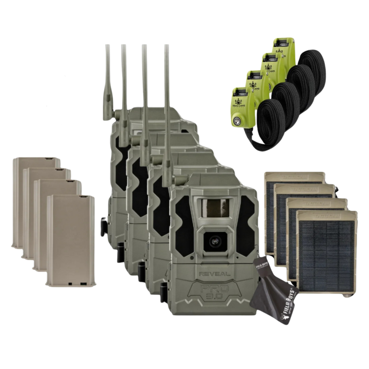 Buy 4 &amp; Save! Tactacam Reveal Pro 3.0 with Lithium Batteries, Solar Panels, Lockable Steel Reinforced Straps and Cleaning Cloth