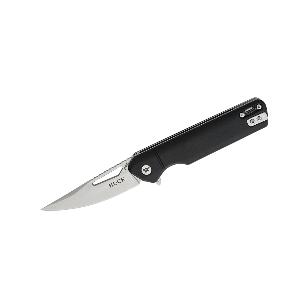 Buck Knife 239 Infusion Assisted Flipper Knife 3.25" Satin Drop Point Blade, Black Aluminum Handles, Liner Lock