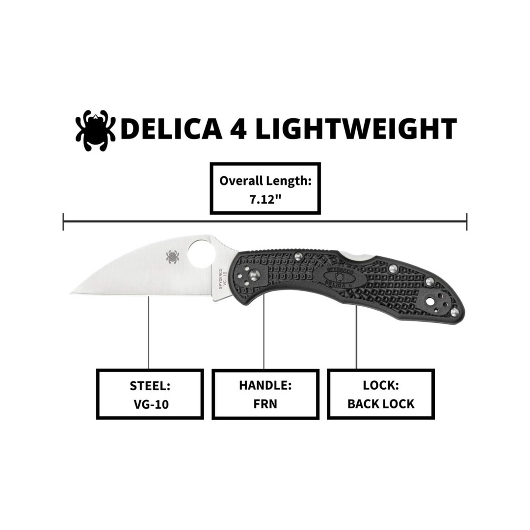 Spyderco Delica 4 Lightweight Wharncliffe Blade Folding Knife VG-10 Steel Black FRN Handle