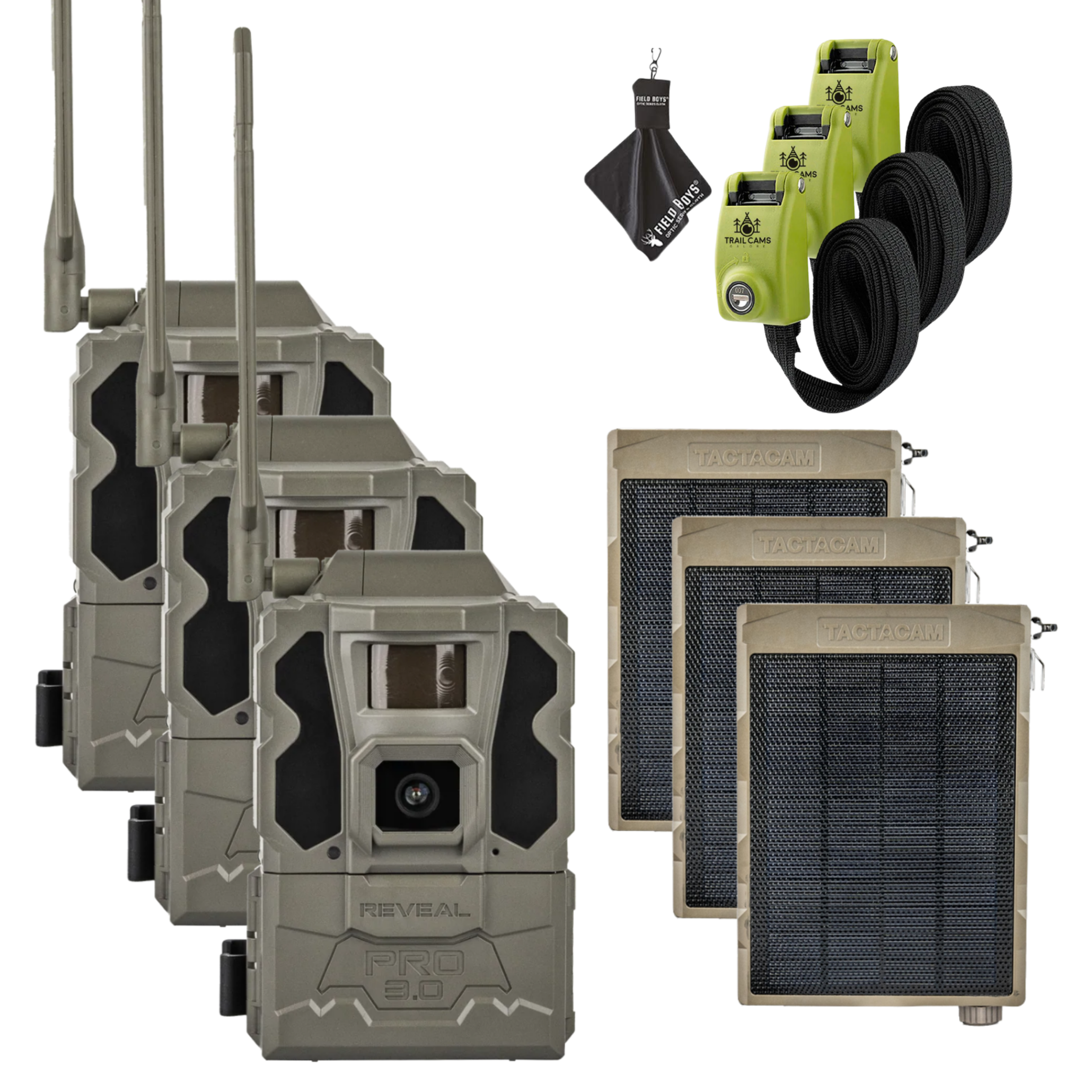 Buy 3 & Save! Tactacam Reveal Pro 3.0 with Solar Panels, Lockable Steel Reinforced Straps and Cleaning Cloth
