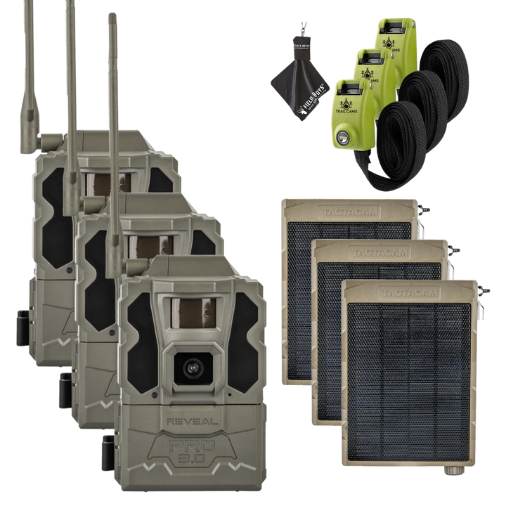 Buy 3 &amp; Save! Tactacam Reveal Pro 3.0 with Solar Panels, Lockable Steel Reinforced Straps and Cleaning Cloth