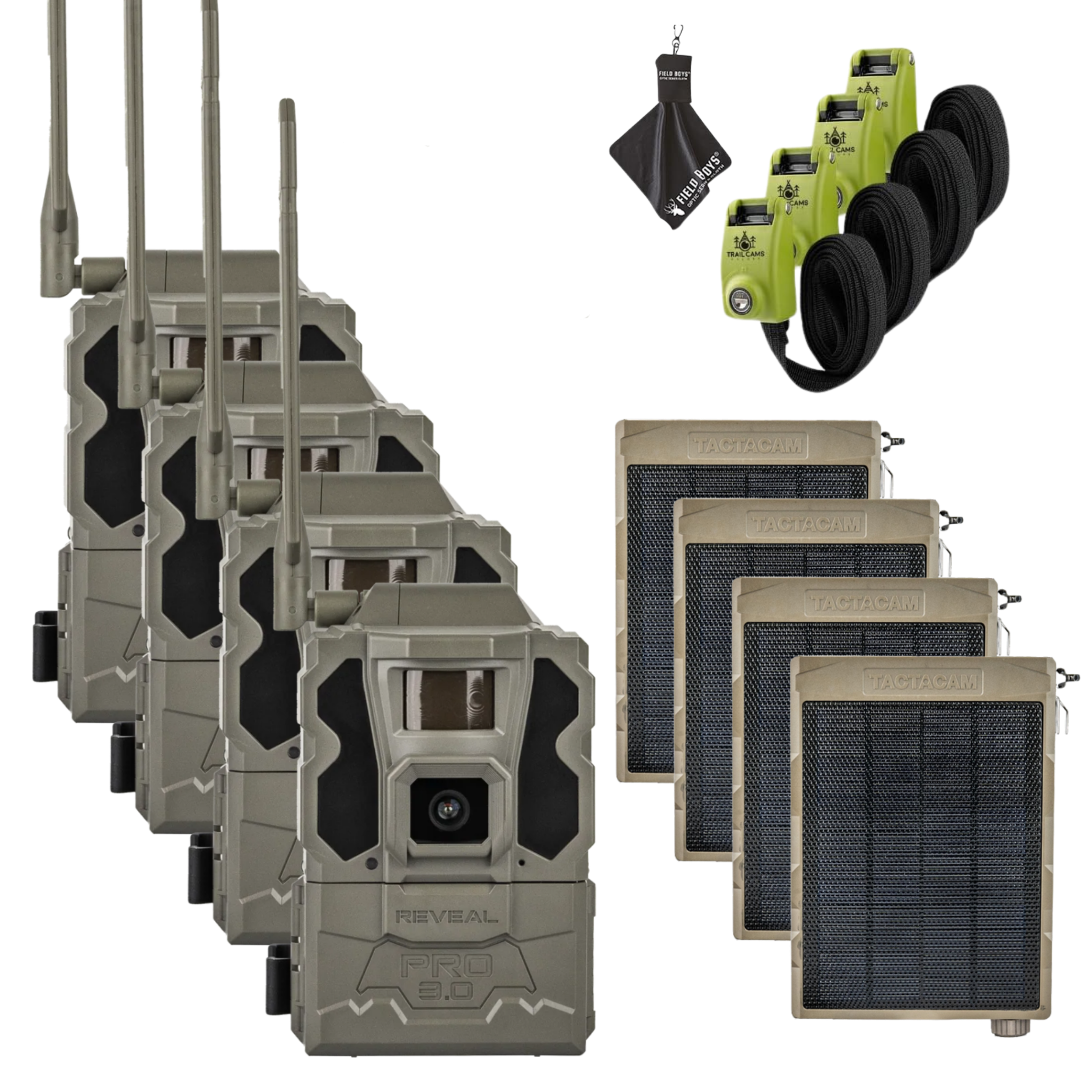 Buy 4 & Save! Tactacam Reveal Pro 3.0 with Solar Panels, Lockable Steel Reinforced Straps and Cleaning Cloth