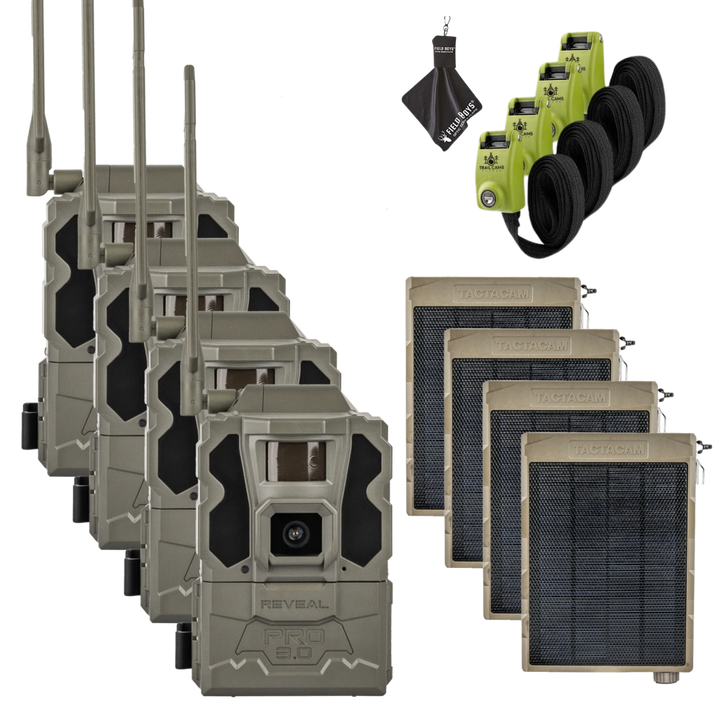 Buy 4 &amp; Save! Tactacam Reveal Pro 3.0 with Solar Panels, Lockable Steel Reinforced Straps and Cleaning Cloth