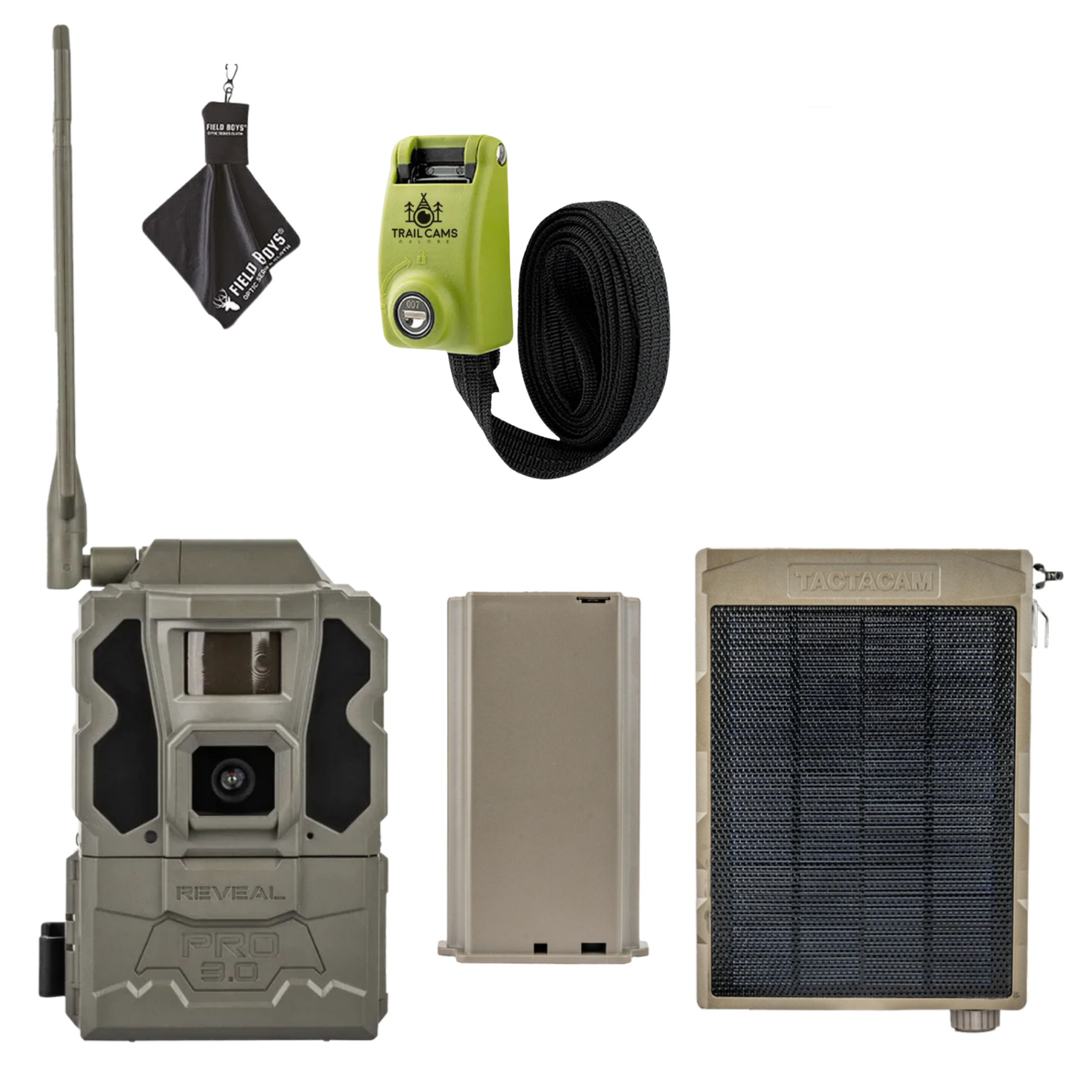 Bundle Savings! Tactacam Reveal Pro 3.0 with Lithium Battery Pack, Solar Panel, Lockable Strap and Cleaning Cloth