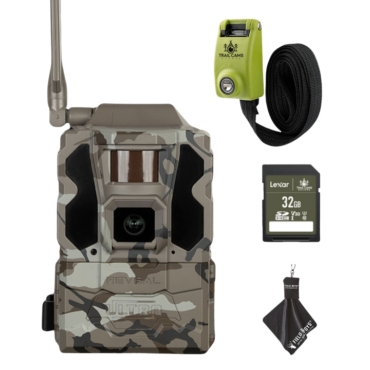Basic Bundle Savings! TACTACAM Reveal Ultra Cellular Trail Camera with SD Card, Steel Reinforced Strap and Cleaning Cloth