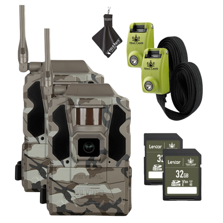 Buy 2 & Save! TACTACAM Reveal Ultra Cellular Trail Camera with SD Cards, Steel Reinforced Straps and Cleaning Cloth