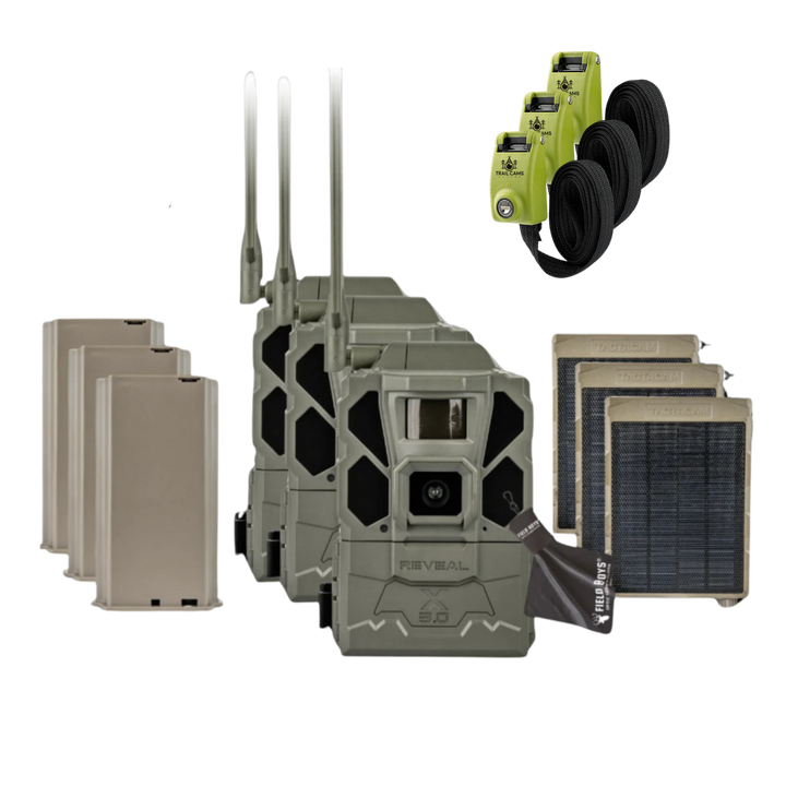 Buy 3 &amp; Save! Tactacam Reveal X Gen 3.0 with Lithium Batteries, Solar Panels, Lockable Straps, and Cleaning Cloth