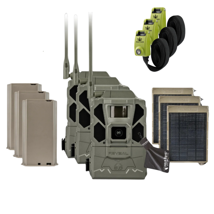 Buy 3 &amp; Save! Tactacam Reveal X Gen 3.0 with Lithium Batteries, Solar Panels, Lockable Steel Reinforced Straps and Cleaning Cloth