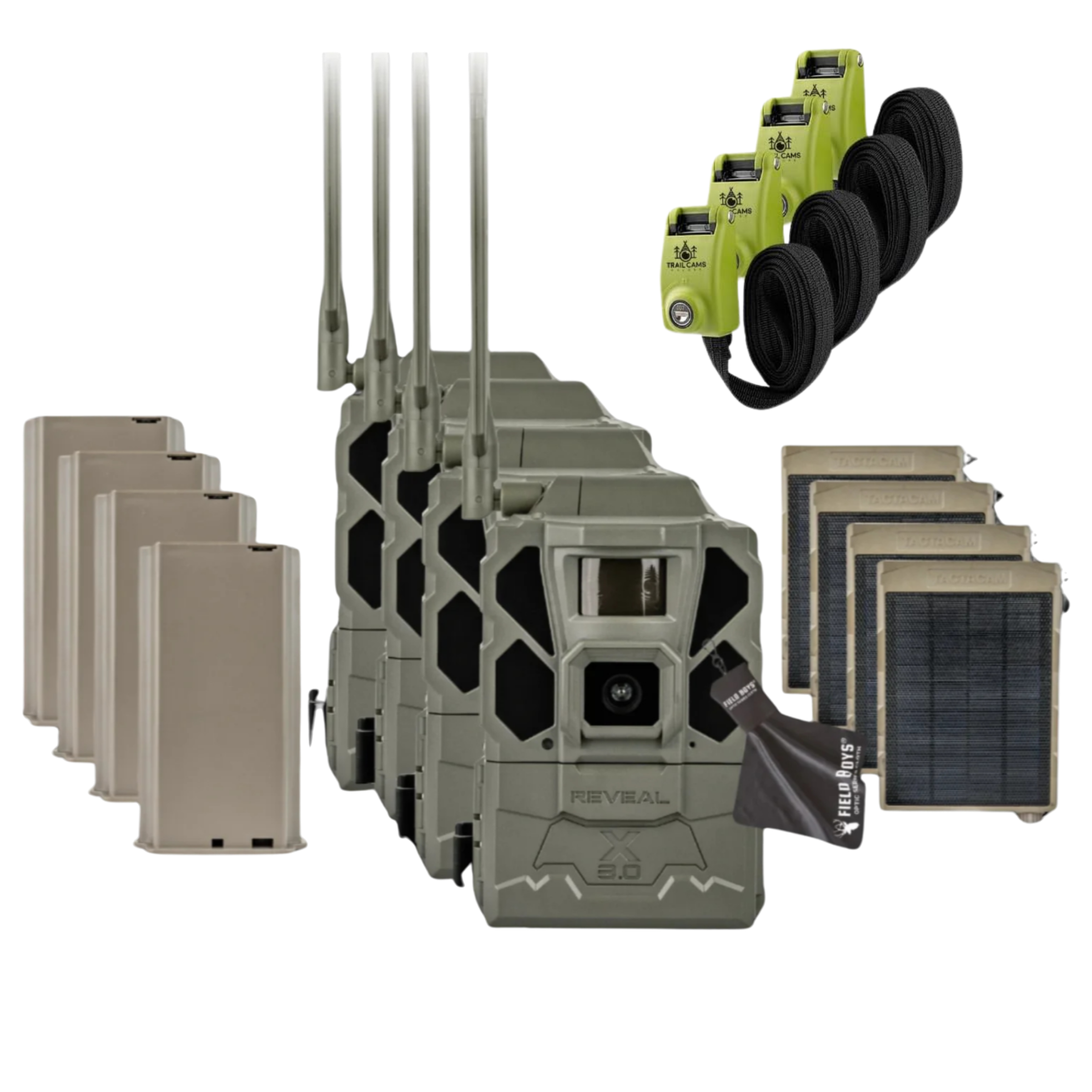 Buy 4 & Save! Tactacam Reveal X Gen 3.0 with Lithium Batteries, Solar Panels, Lockable Steel Reinforced Straps, and Cleaning Cloth