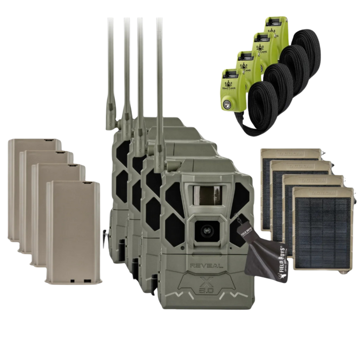 Buy 4 &amp; Save! Tactacam Reveal X Gen 3.0 with Lithium Batteries, Solar Panels, Lockable Steel Reinforced Straps, and Cleaning Cloth