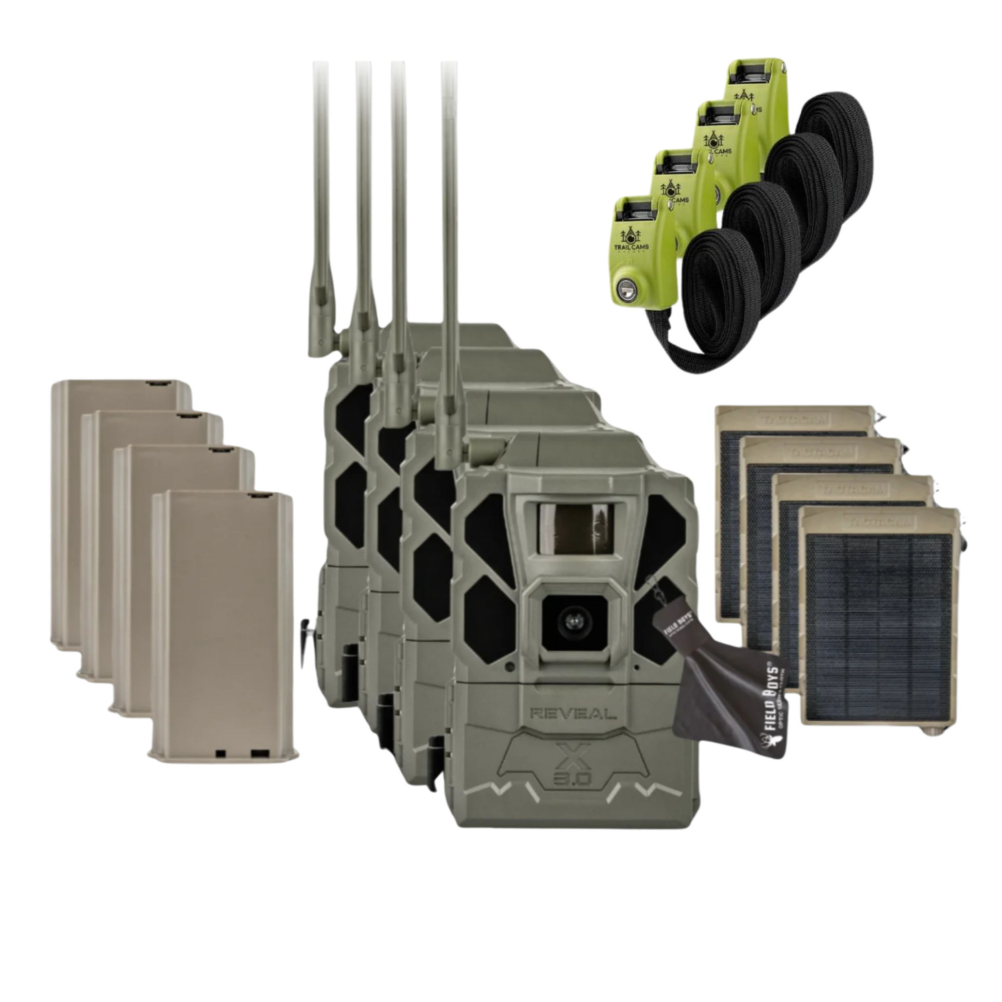 Buy 4 & Save! Tactacam Reveal X Gen 3.0 with Lithium Batteries, Solar Panels, Lockable Straps, and Cleaning Cloth