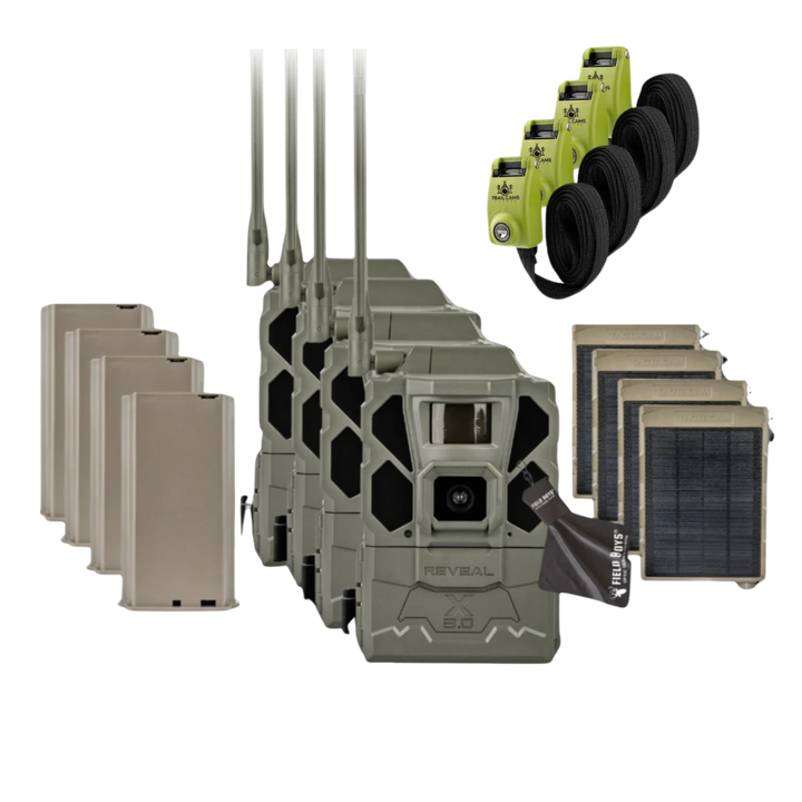 Buy 4 &amp; Save! Tactacam Reveal X Gen 3.0 with Lithium Batteries, Solar Panels, Lockable Straps, and Cleaning Cloth