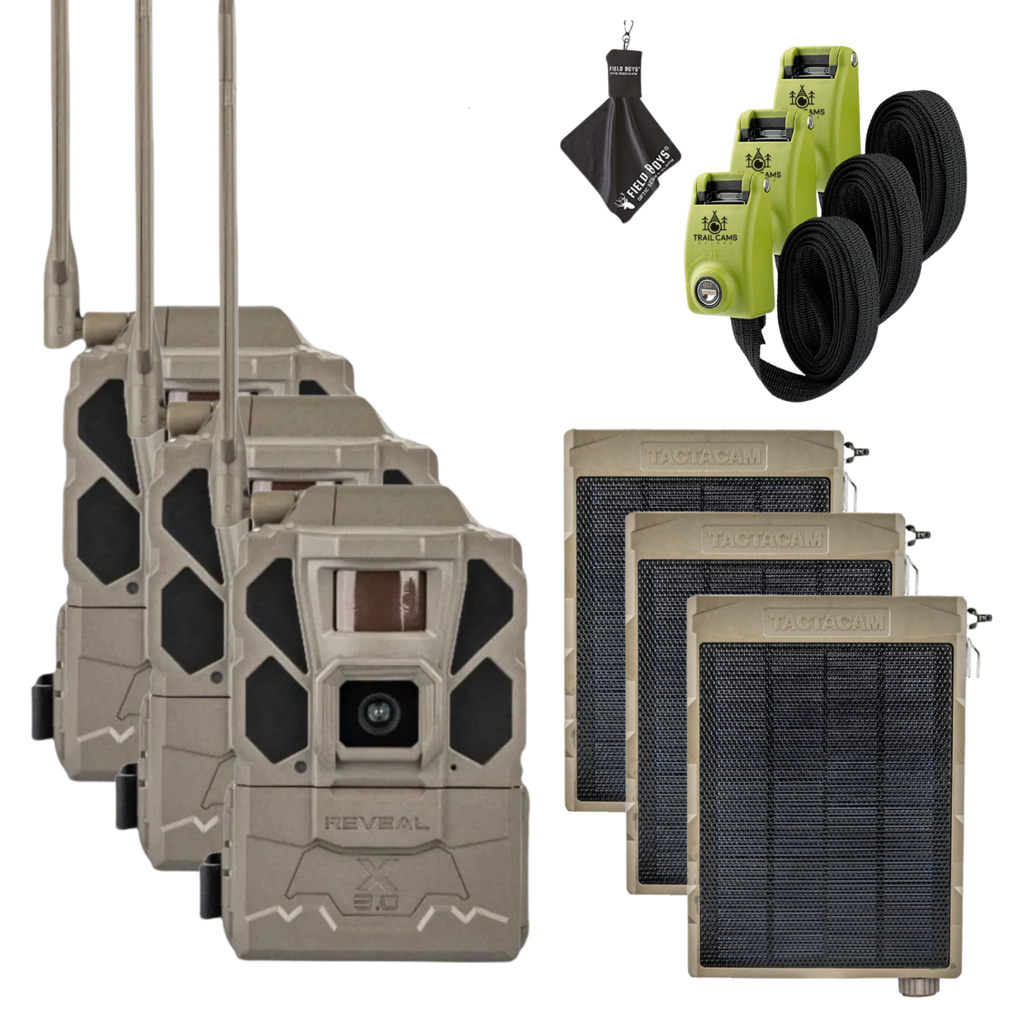 Buy 3 & Save! Tactacam Reveal X Gen 3.0 with Solar Panels, Lockable Steel Reinforced Straps and Cleaning Cloth