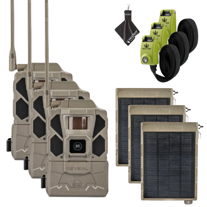 Buy 3 &amp; Save! Tactacam Reveal X Gen 3.0 with Solar Panels, Lockable Steel Reinforced Straps and Cleaning Cloth