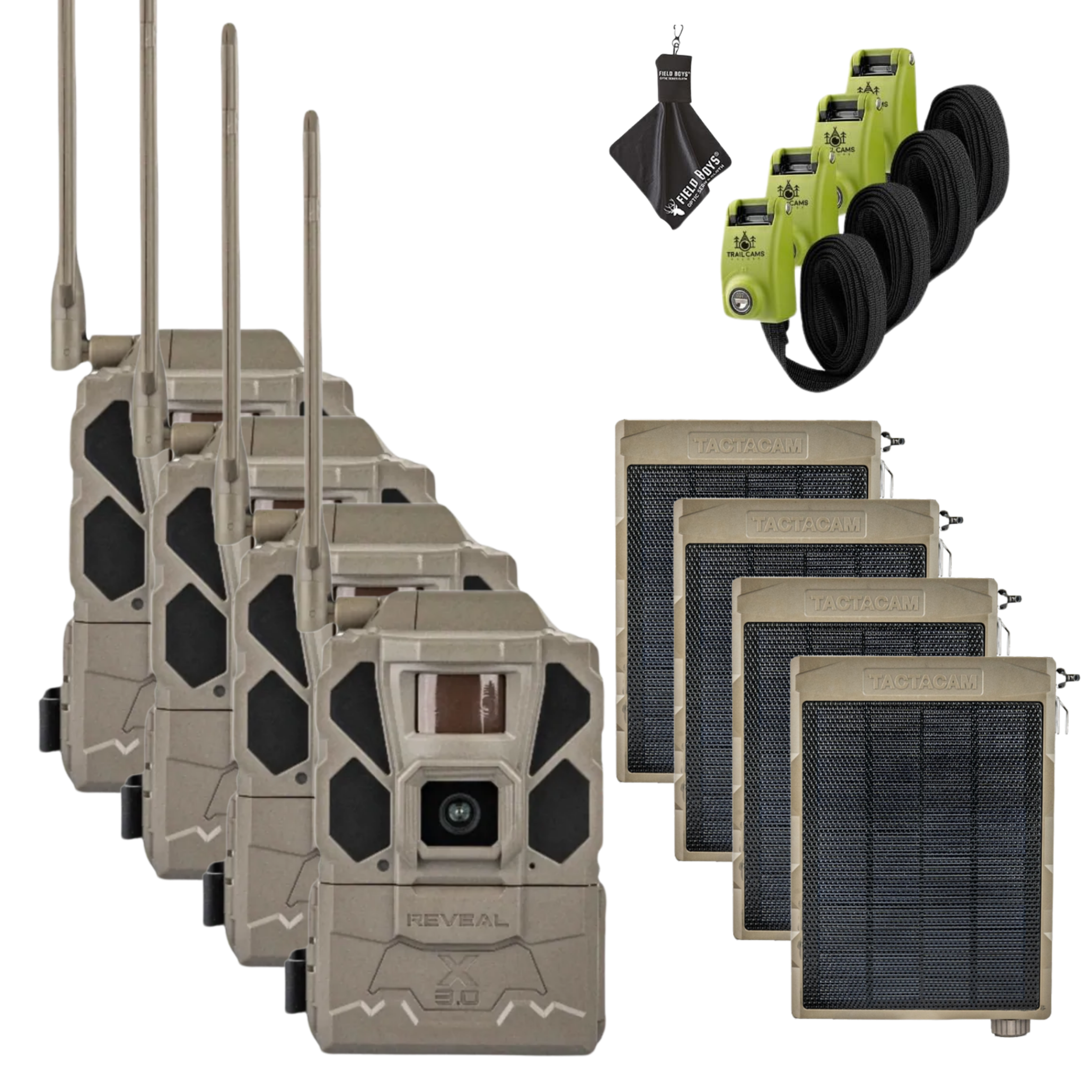 Buy 4 & Save! Tactacam Reveal X Gen 3.0 with Solar Panels, Lockable Steel Reinforced Straps and Cleaning Cloth