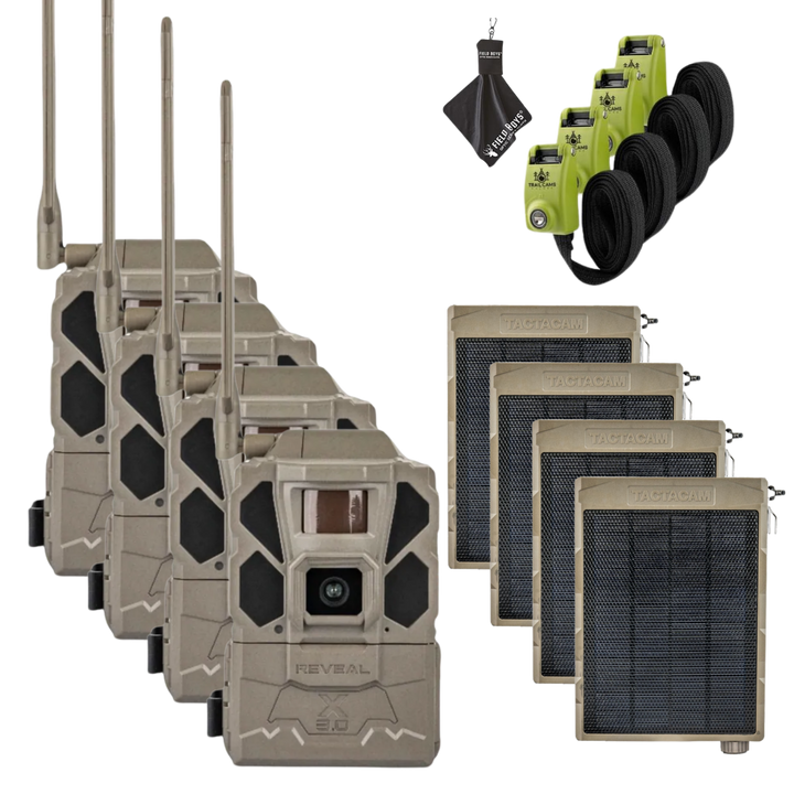 Buy 4 &amp; Save! Tactacam Reveal X Gen 3.0 with Solar Panels, Lockable Steel Reinforced Straps and Cleaning Cloth