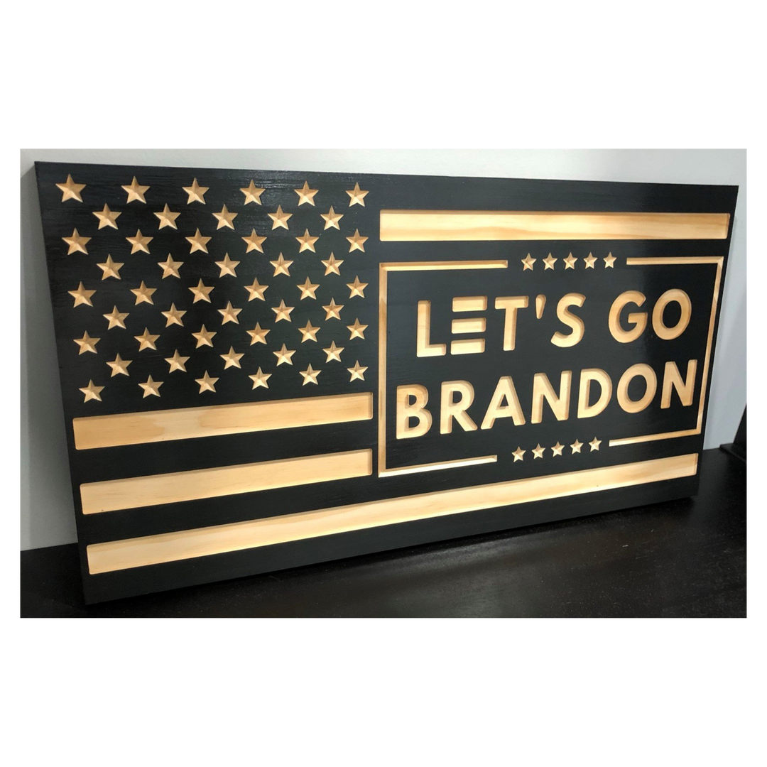 Let's Go Brandon Handcrafted American Flag Wall Art Wood Engraved Décor (21.5 x 11.2)