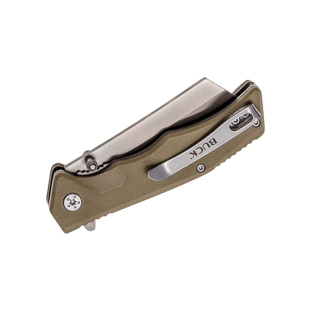 Buck Knife 252 Trunk Flipper Knife 2.875" Cleaver Plain Blade, Tan (Khaki) G10 Handles (0252TNS), Liner Lock