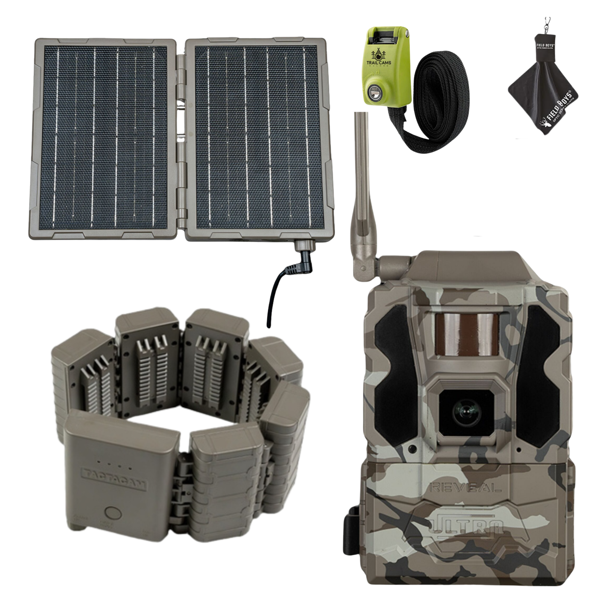 Max Power Bundle Savings! Tactacam Reveal Ultra Cellular Trail Camera with Folding Solar Panel, Battery Belt, Lockable Steel Reinforced Strap and Cleaning Cloth