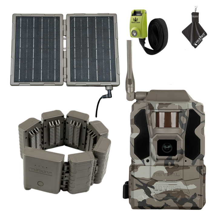 Max Power Bundle Savings! Tactacam Reveal Ultra Cellular Trail Camera with Folding Solar Panel and Battery Belt
