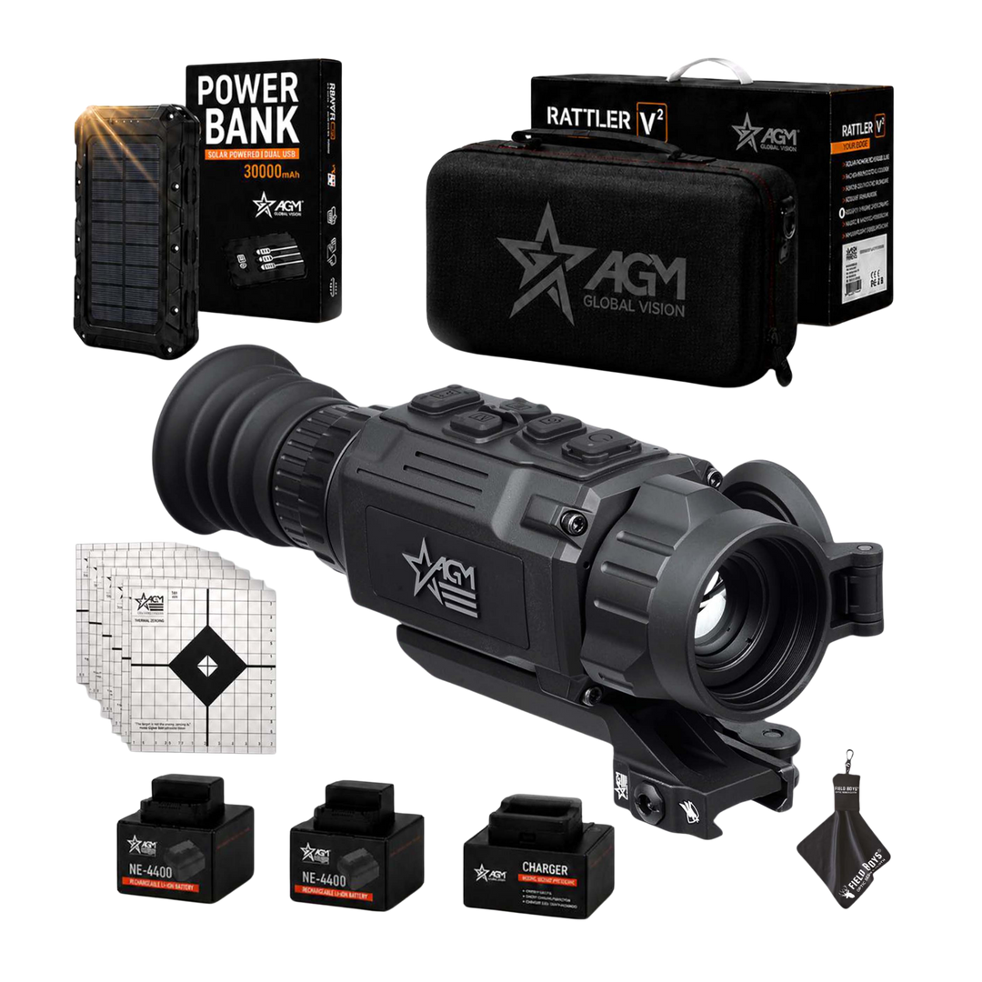 AGM Rattler V2 25-256 Thermal Scope Bundle with Solar Power Bank, Thermal Targets &amp; Lens Cloth