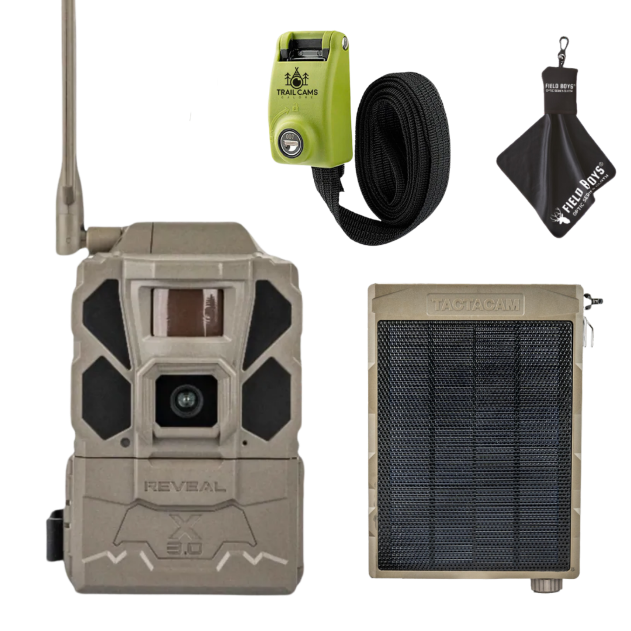 Bundle Savings! Tactacam Reveal X Gen 3.0 with Solar Panel, Steel Reinforced Lockable Strap, and Cleaning Cloth