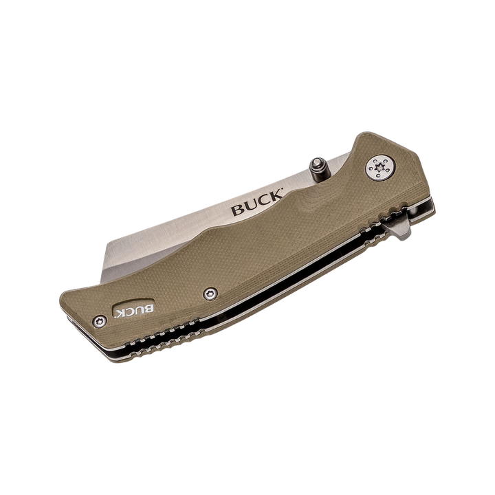 Buck Knife 252 Trunk Flipper Knife 2.875" Cleaver Plain Blade, Tan (Khaki) G10 Handles (0252TNS), Liner Lock