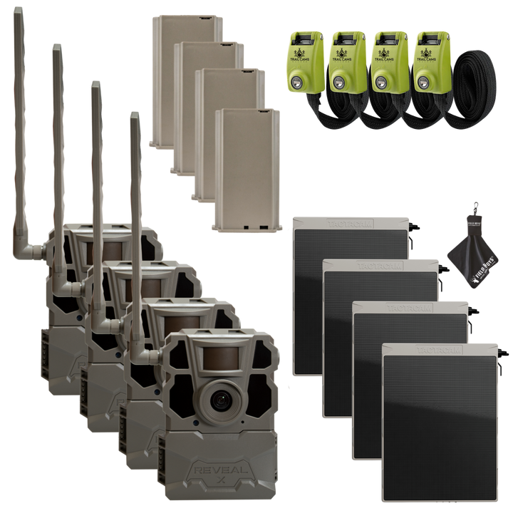 Buy 4 &amp; Save! Tactacam Reveal X Gen 2.0 with Lithium Batteries, Solar Panels, Lockable Steel Reinforced Straps and Cleaning Cloth