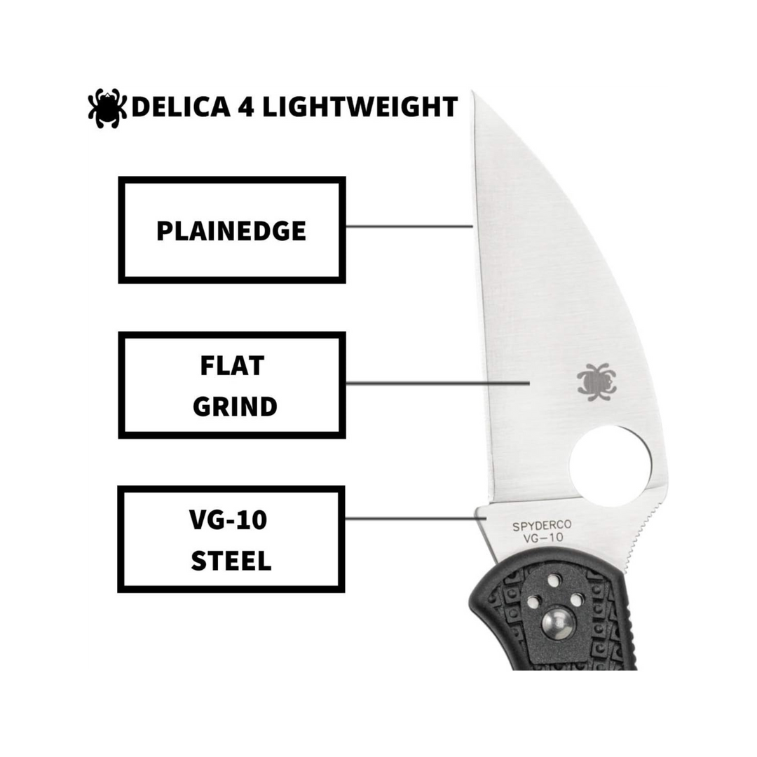 Spyderco Delica 4 Lightweight Wharncliffe Blade Folding Knife VG-10 Steel Black FRN Handle