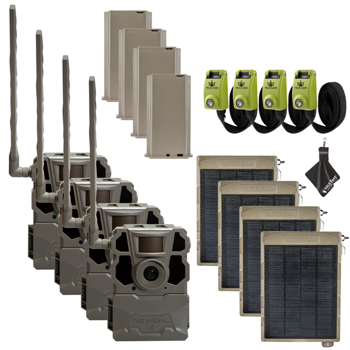 Buy 4 &amp; Save! Tactacam Reveal X Gen 2.0 with Lithium Batteries, Solar Panels, Lockable Steel Reinforced Straps and Cleaning Cloth