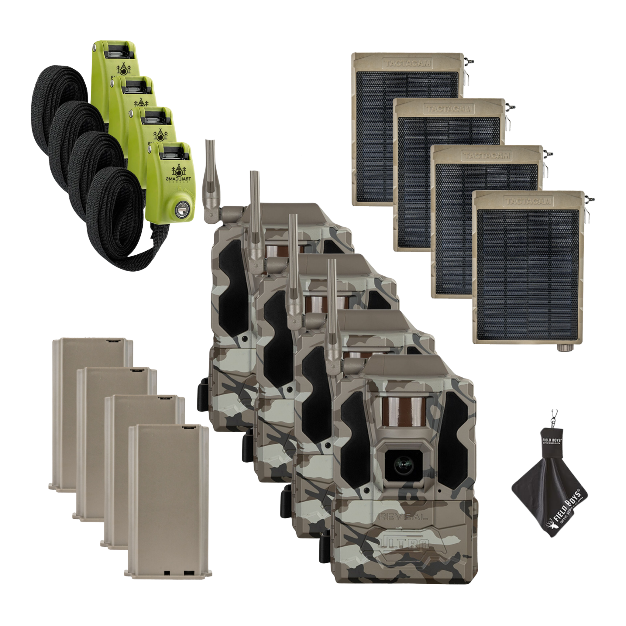 Buy 4 & Save! Tactacam Reveal Ultra Cellular Trail Camera with Solar Panels, Lithium Batteries, Steel Reinforced Straps and Cleaning Cloth