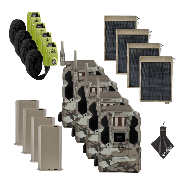 Buy 4 &amp; Save! Tactacam Reveal Ultra Cellular Trail Camera with Solar Panels, Lithium Batteries, Steel Reinforced Straps and Cleaning Cloth
