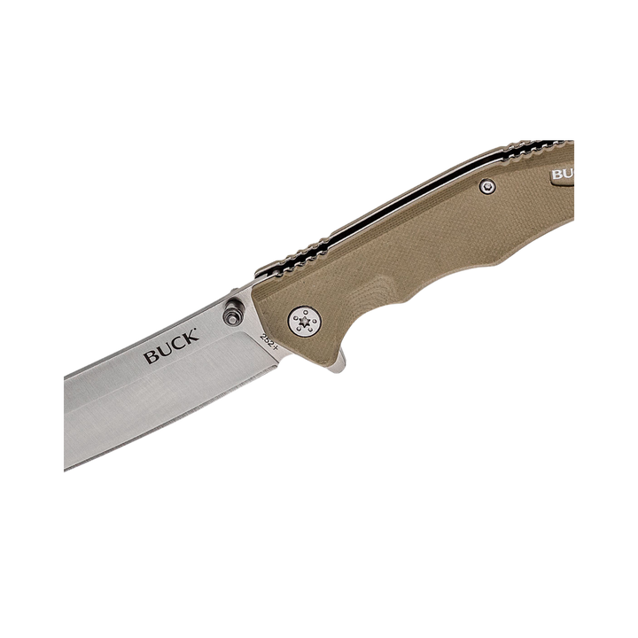 Buck Knife 252 Trunk Flipper Knife 2.875" Cleaver Plain Blade, Tan (Khaki) G10 Handles (0252TNS), Liner Lock