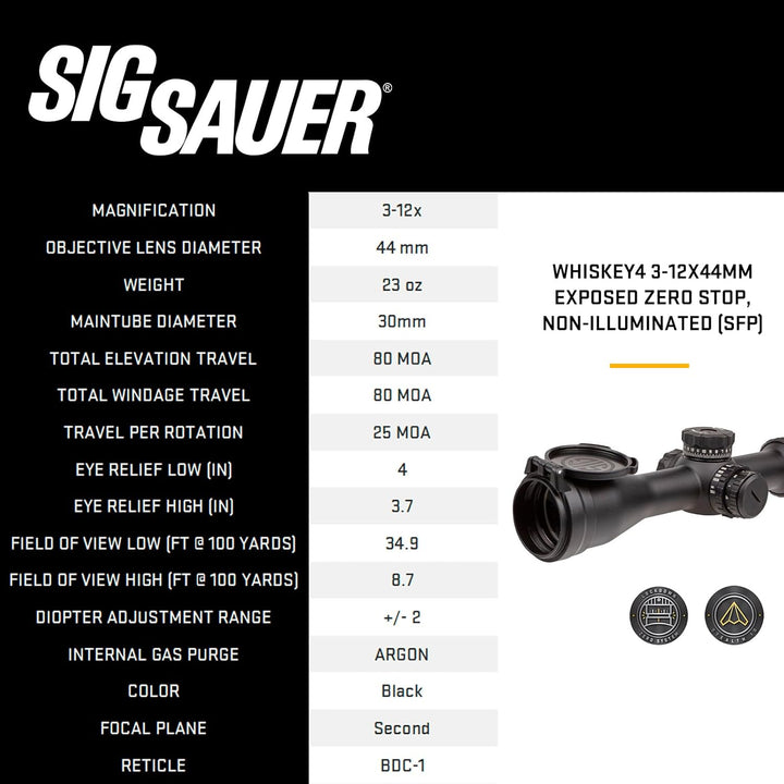Sig Sauer WHISKEY4 3-12X44MM LOW PROFILE, NON-ILLUMINATED (SFP) Riflescope