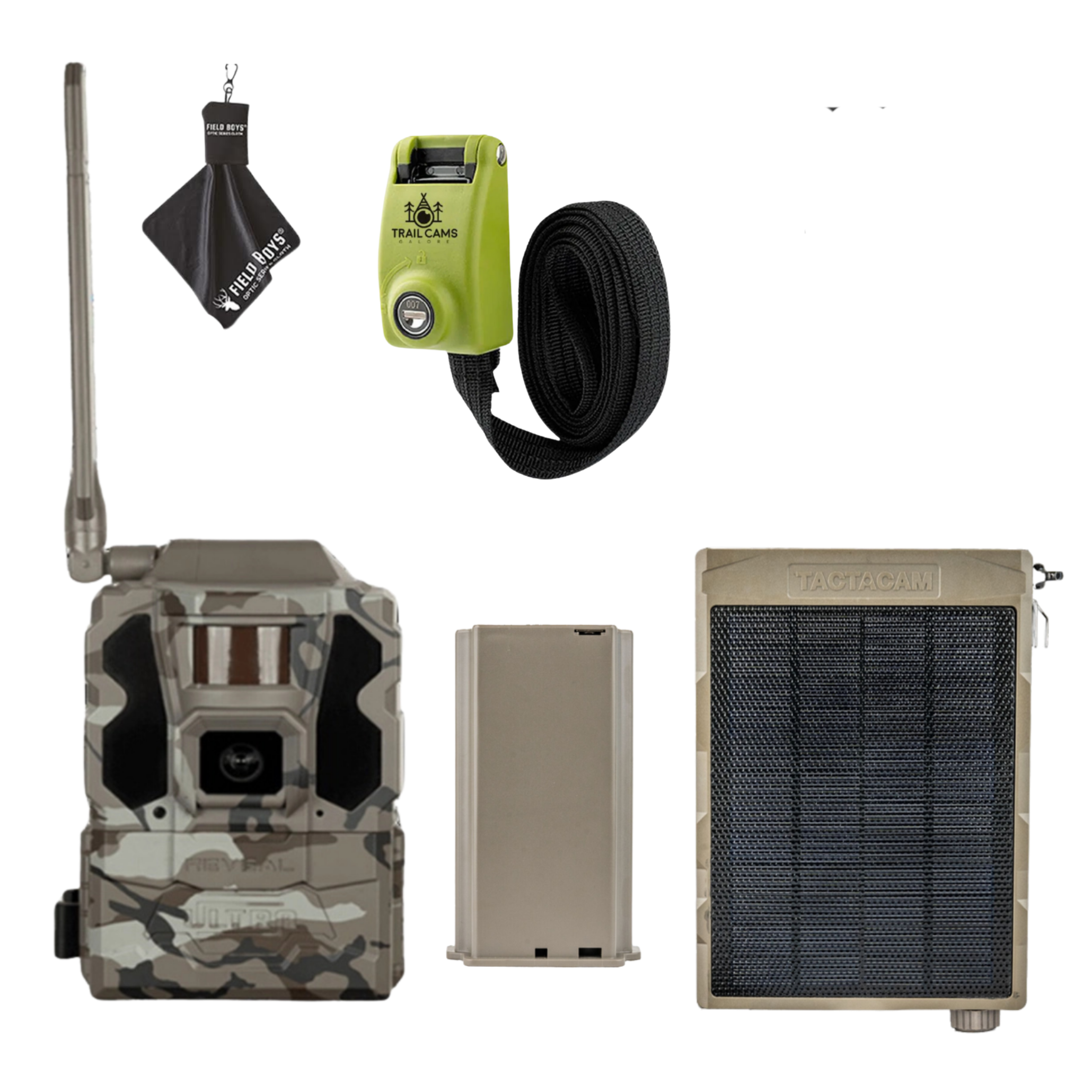 Bundle Savings! Tactacam Reveal Ultra Cellular Trail Camera with Solar Panel, Lithium Battery Pack, Steel Reinforced Strap and Cleaning Cloth