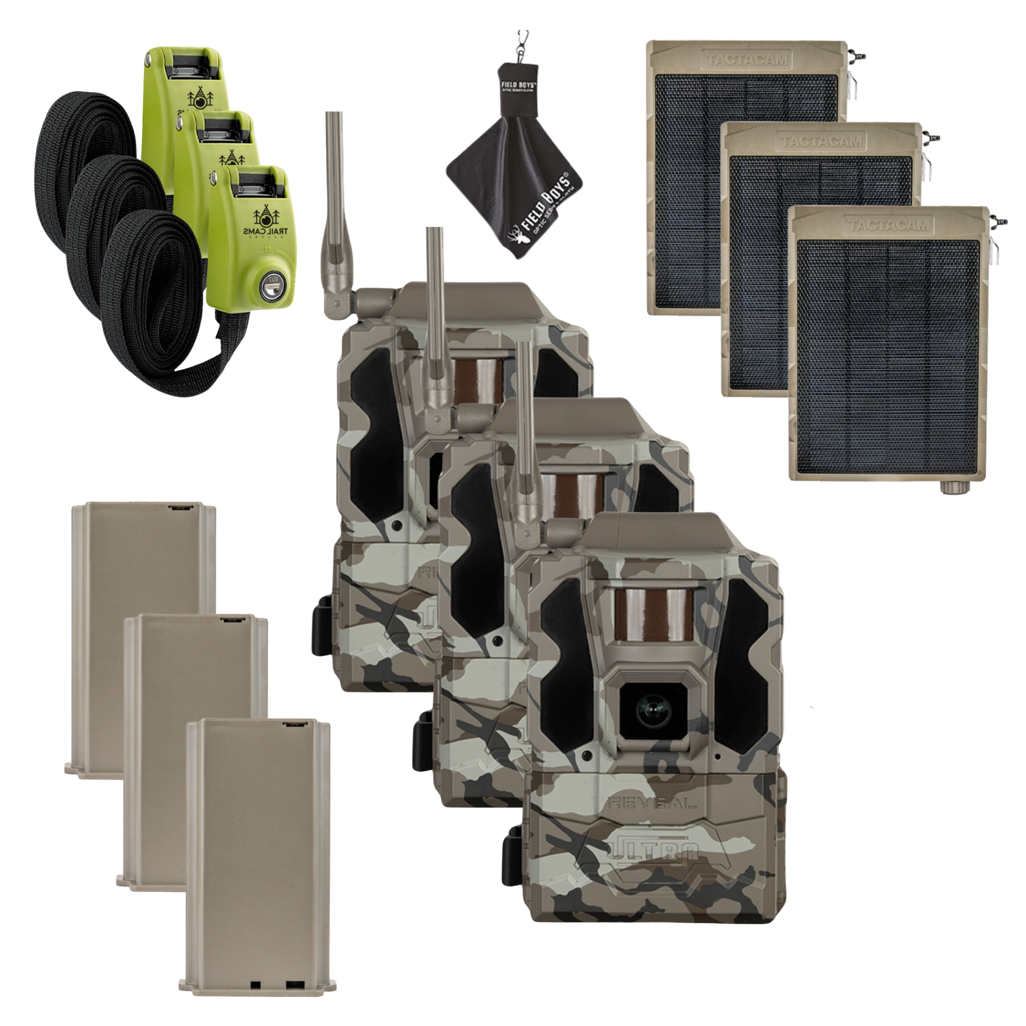 Buy 3 & Save! Tactacam Reveal Ultra Cellular Trail Camera with Solar Panels, Lithium Batteries, Steel Reinforced Straps and Cleaning Cloth