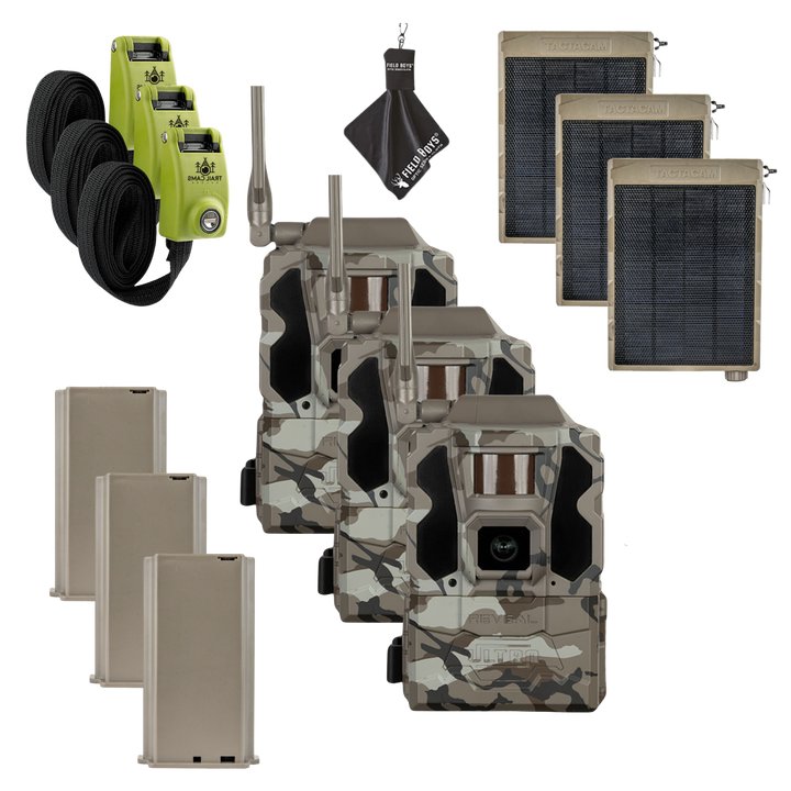 Buy 3 &amp; Save! Tactacam Reveal Ultra Cellular Trail Camera with Solar Panels, Lithium Batteries, Steel Reinforced Straps and Cleaning Cloth