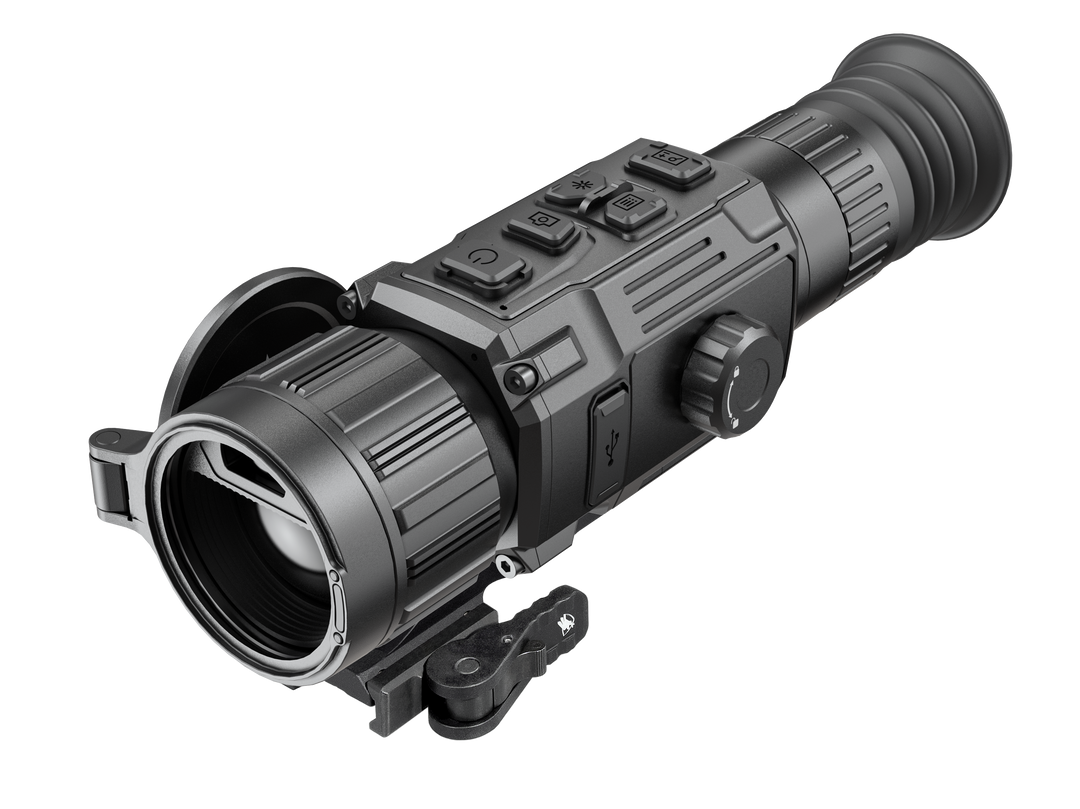 AGM Rattler V3 LRF 35-640 thermal rifle scope, front three-quarter view with in-lens rangefinder