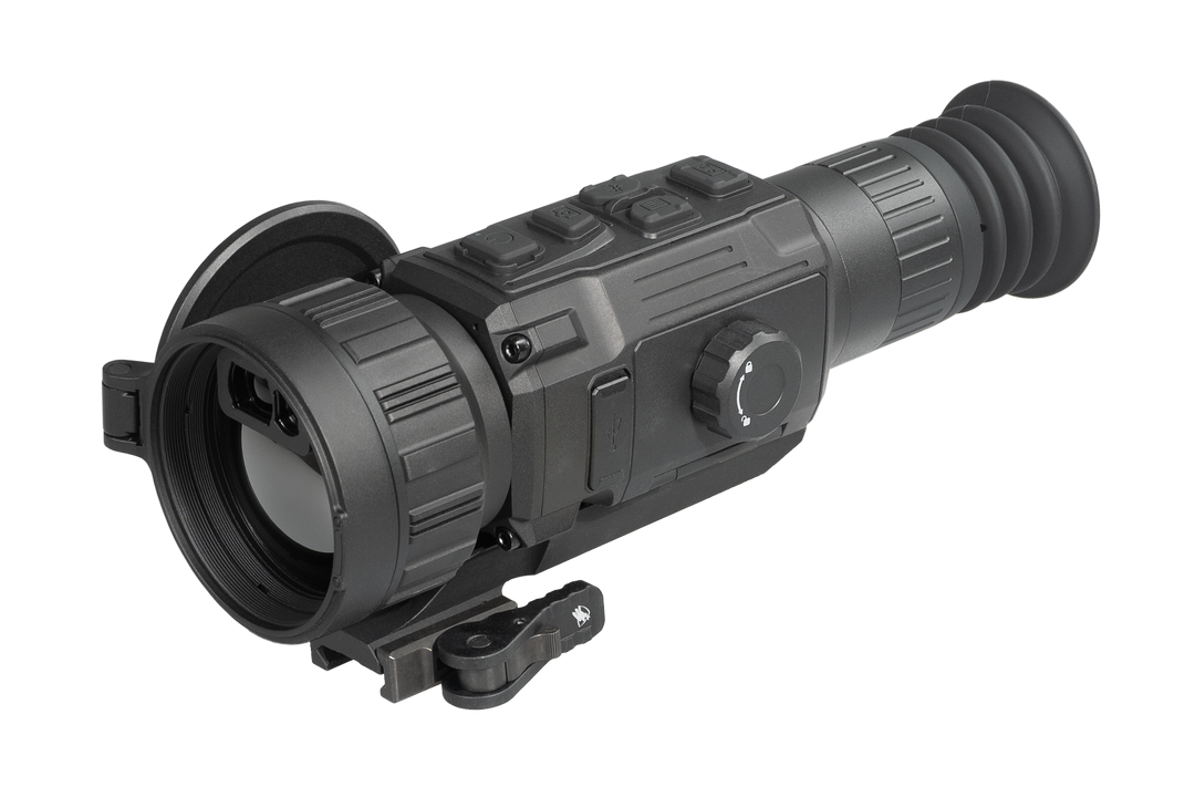 AGM Rattler V3 LRF 50-640 thermal rifle scope, front three-quarter view with in-lens rangefinder