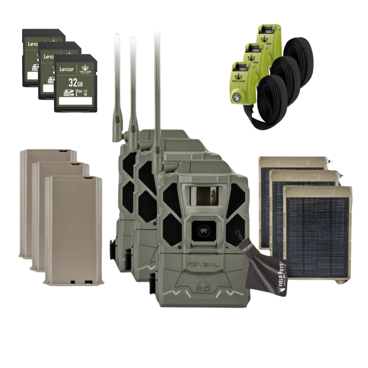 Buy 3 &amp; Save! Tactacam Reveal X Gen 3.0 with Lithium Batteries, Solar Panels, Lockable Straps, SD Cards and Cleaning Cloth