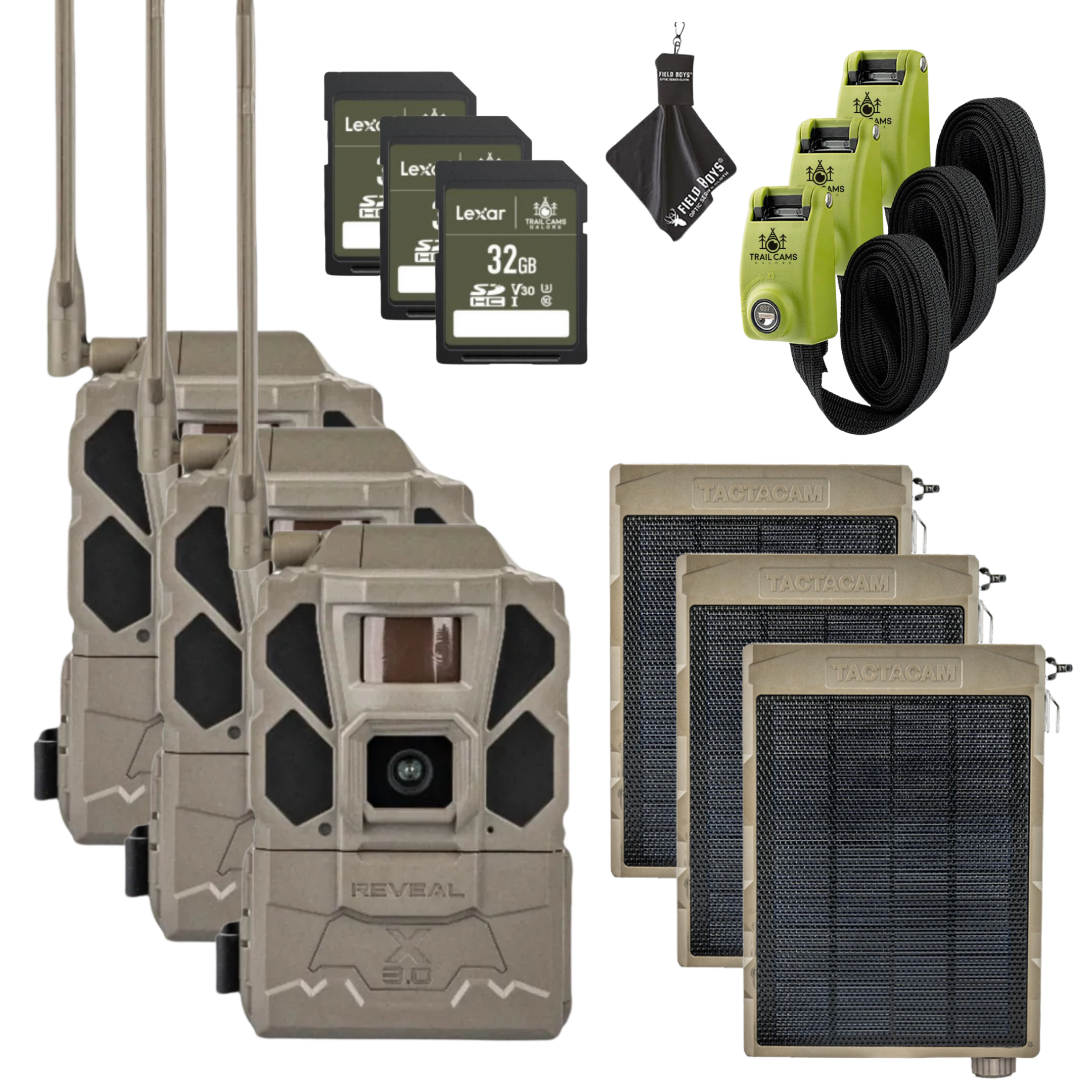 Buy 3 & Save! Tactacam Reveal X Gen 3.0 with Solar Panels, Lockable Straps, SD Cards and Cleaning Cloth