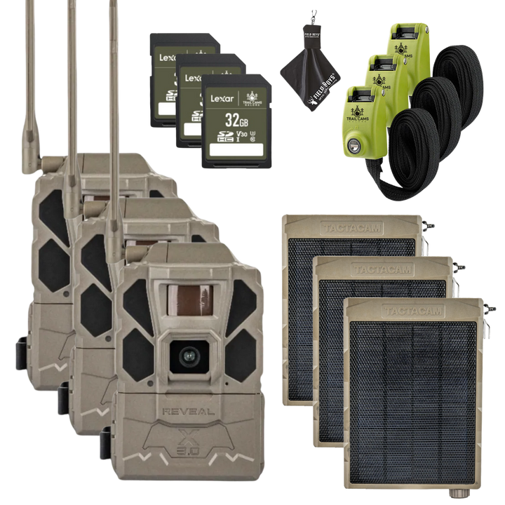 Buy 3 &amp; Save! Tactacam Reveal X Gen 3.0 with Solar Panels, Lockable Straps, SD Cards and Cleaning Cloth