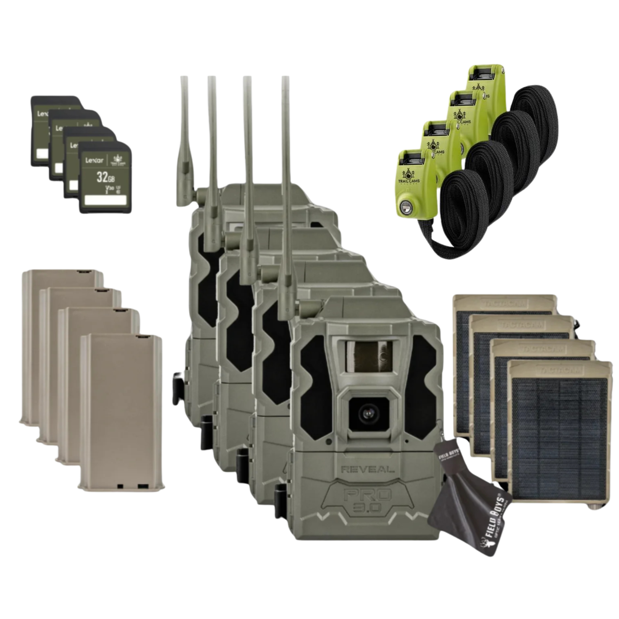 Buy 4 & Save! Tactacam Reveal Pro 3.0 with Lithium Batteries, Solar Panels, Lockable Steel Reinforced Straps and Cleaning Cloth
