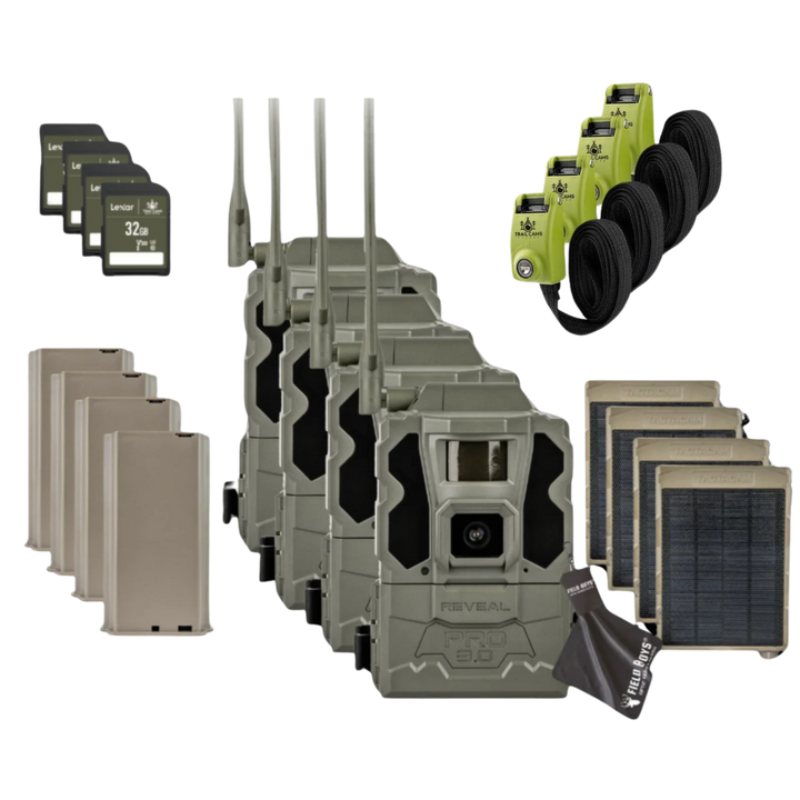 Buy 4 &amp; Save! Tactacam Reveal Pro 3.0 with Lithium Batteries, Solar Panels, Lockable Steel Reinforced Straps and Cleaning Cloth